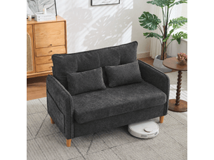 Canapé droit 2 places avec poches latérales, coussins et assise rembourrée en chenille, bois gris foncé