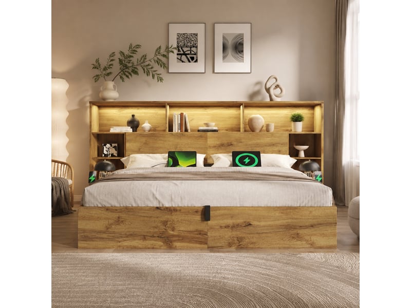  Lit coffre hydraulique adulte 180x200 cm, avec éclairage led + usb chevets incorporés, sommier à lattes, bois + métal, chêne, sans matelas  - Conforama B