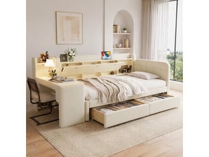 Lit banquette 90x200 cm en tissu beige avec 2 tiroirs et bureau intégré