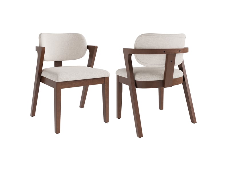  Lot de 2 chaises de salle à manger 56x57,5x79 cm, accoudoirs, bois d'hévéa et lin, noyer et beige avoine  - Conforama A