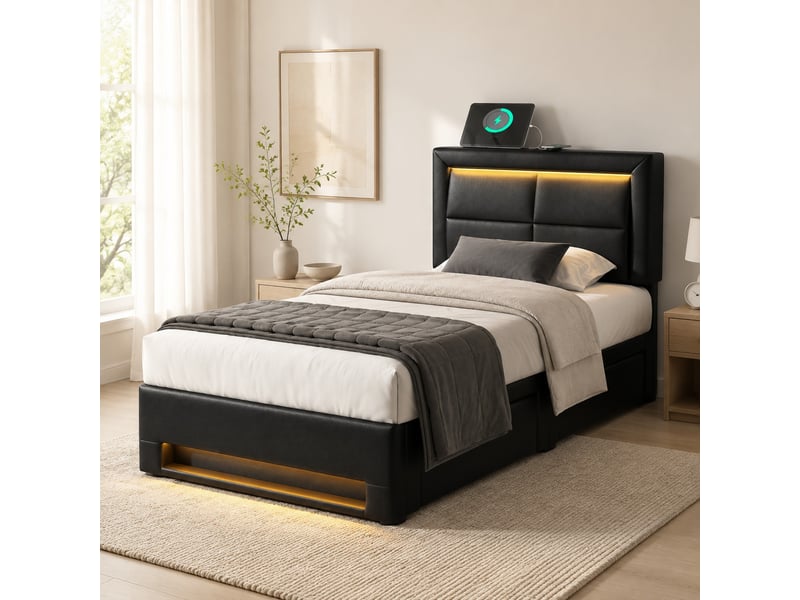  Lit 1 place 90x200 cm avec usb, recharge sans fil, led et 4 tiroirs, pu noir  - Conforama B