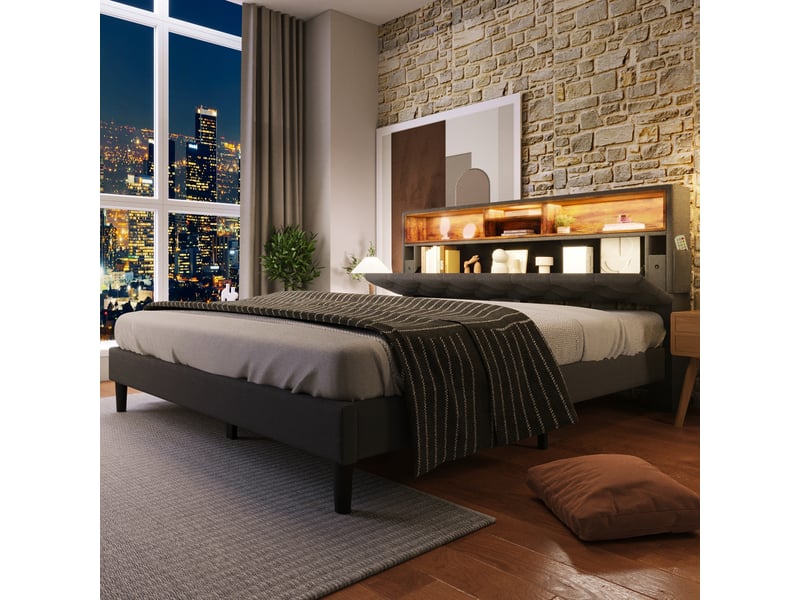  Lit capitonné 140*200cm avec rangement de tête, éclairage led et lattes bois, gris, sans matelas  - Conforama D