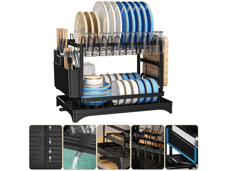 Égouttoir à vaisselle de cuisine en métal noir avec bac de récupération chicfurn - Conforama R