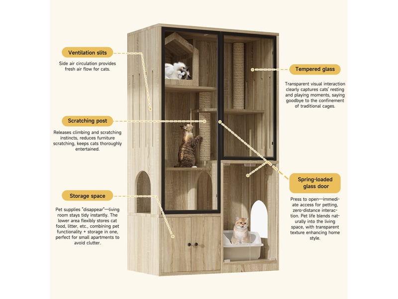  Grand meuble pour félins 90x50x160 cm – naturel – portes en verre trempé, 4 niveaux et griffoir intégré  - Conforama E