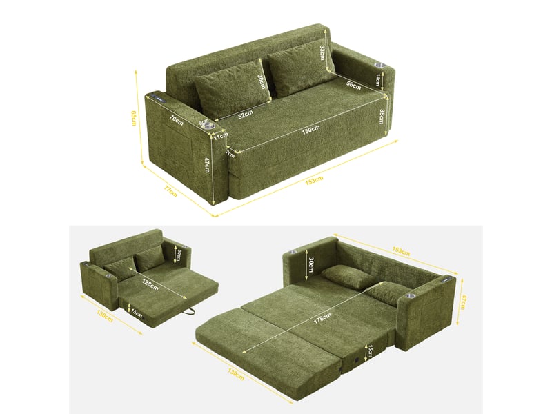  Canapé-lit 2 places 153x77x65 cm - canapé convertible 2 en 1 - canapé pliable - fonction couchage - poches latérales - ports usb - velours - vert CozyNest - Conforama C