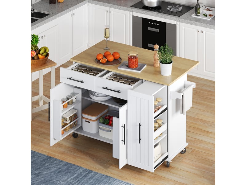 Îlot de cuisine mobile avec plateau rabattable, organiseur coulissant 3 niveaux et rangement interne, mdf, blanc et naturel - Conforama B
