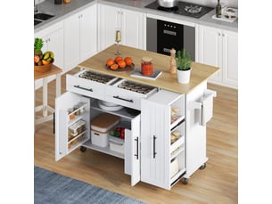 Îlot de cuisine mobile avec plateau rabattable, organiseur coulissant 3 niveaux et rangement interne, mdf, blanc et naturel