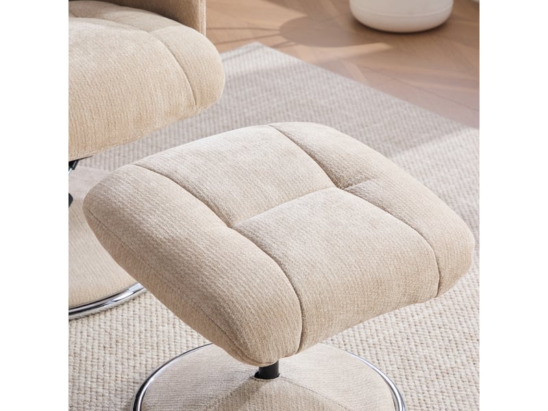  Fauteuil relax avec repose-pieds en tissu chenille beige, dossier inclinable à 145 degrés, pivotant à 360 degrés pour salon  - Conforama E