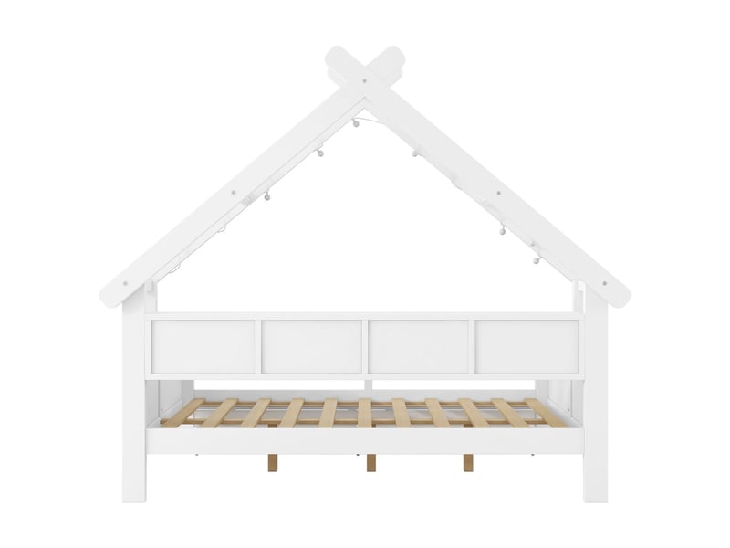  Lit enfant 140 x 200 cm structure en bois forme maison éclairage led compartiments de rangement tiroirs intégrés barrière de protection finition blanche  - Conforama D