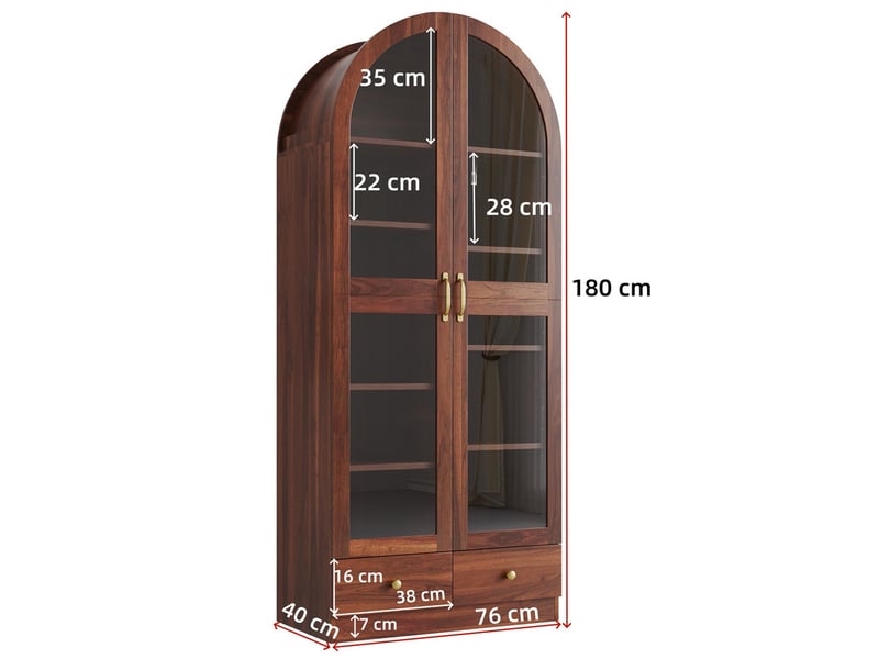  Vitrine multifonctionnelle, bibliothèque arquée, partie supérieure arquée, poignées noires, noyer, 76 × 40 × 180 cm  - Conforama C