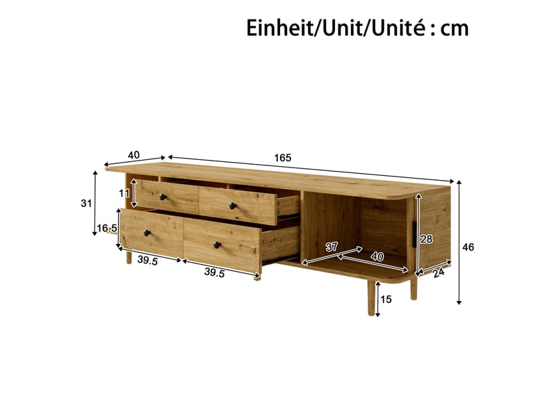  Meuble tv 165 x 40 x 46 cm, mdf aspect bois, 4 tiroirs et 2 portes coulissantes sur pieds  - Conforama C