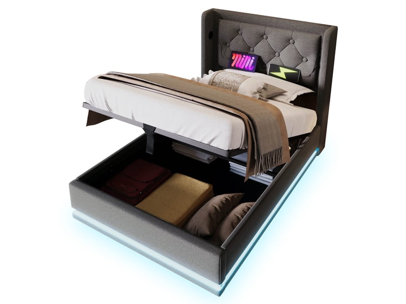 Lit coffre adulte 90x200 cm – gris – led 3 côtés, ports usb et usb-c, tête de lit capitonnée, avec matelas - Conforama A