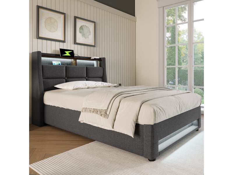 Lit ado 90x200 cm en lin avec matelas inclus, led, port usb et sommier à lattes avec cadre métal - gris  - Conforama E