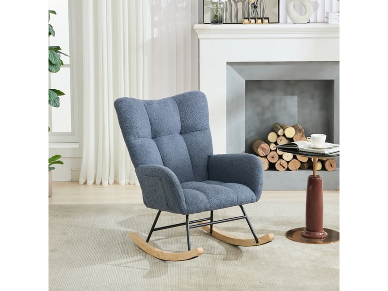  Fauteuil à bascule en tissu teddy avec poche, base en bois massif, bleu marine  - Conforama B