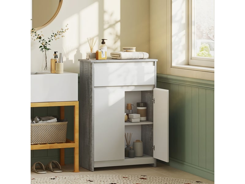  Meuble salle de bain gris et blanc avec tiroir et deux portes, 60 x 30 x 90 cm  - Conforama C