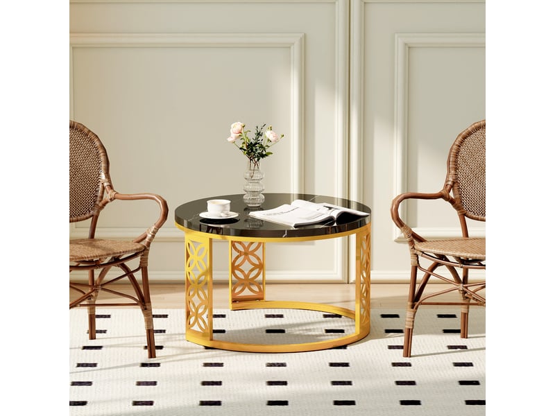  Tables gigognes rondes 70 et 45 cm, plateau noir laqué et pieds dorés, style luxe contemporain  - Conforama D