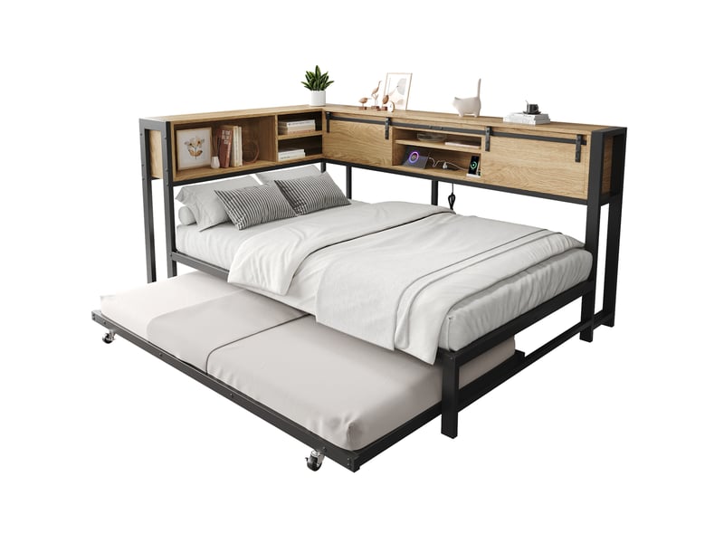  Lit gigogne 120 × 200 cm et 90 × 190 cm, rangement, portes coulissantes et port de recharge, sans matelas, noir naturel  - Conforama A
