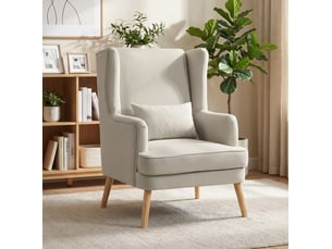 Fauteuil à oreilles avec haut dossier, assise large et coussin lombaire en tissu aspect lin et bois beige