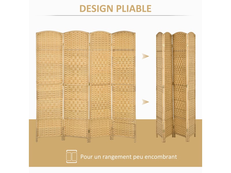  Paravent intérieur en bois 4 panneaux séparateur de pièce pliable pour salon chambre bois naturel 180 x 180 cm  - Conforama A