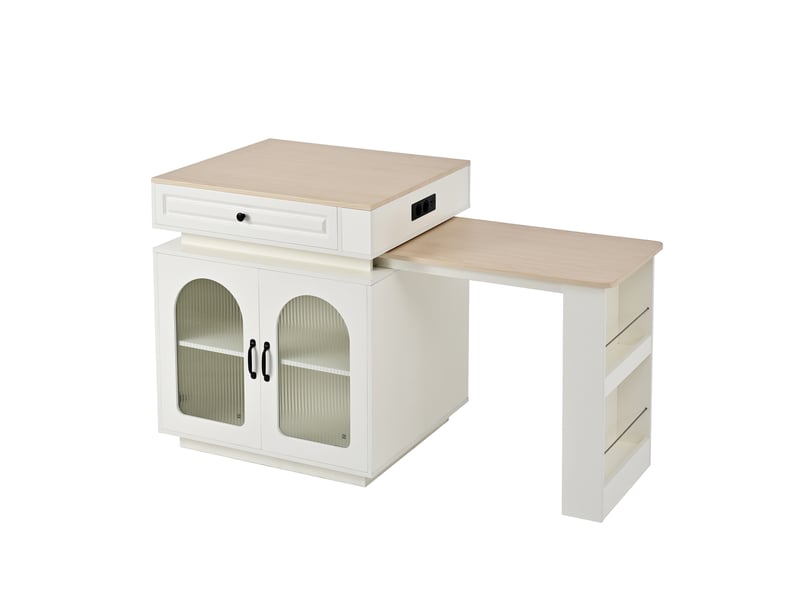 Îlot de cuisine avec table extensible led et ports usb - lpospi - rangement mdf et verre blanc 128 × 71 × 92 cm - Conforama A