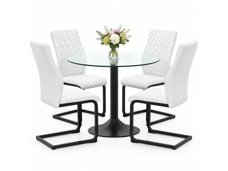 Ensemble table et chaises avec 1 table ronde et 4 chaises - verre, métal et pu - transparent, noir, blanc - Conforama A