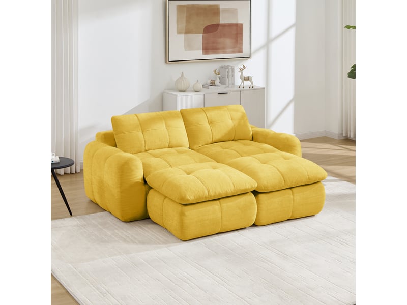 Canapé modulable 2 places modenvie sans cadre en acier avec 2 poufs en chenille jaune, 194 x 160 x 68 cm - Conforama D