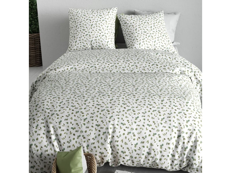  Parure housse de couette 260x240cm + 2 taies motif petites feuilles blanc et vert 100% coton - lazare LAZARE - Conforama C