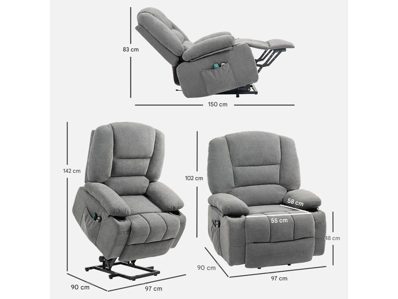  Fauteuil releveur relax électrique massant chauffant en polyester gris 97x90x102 cm  - Conforama C