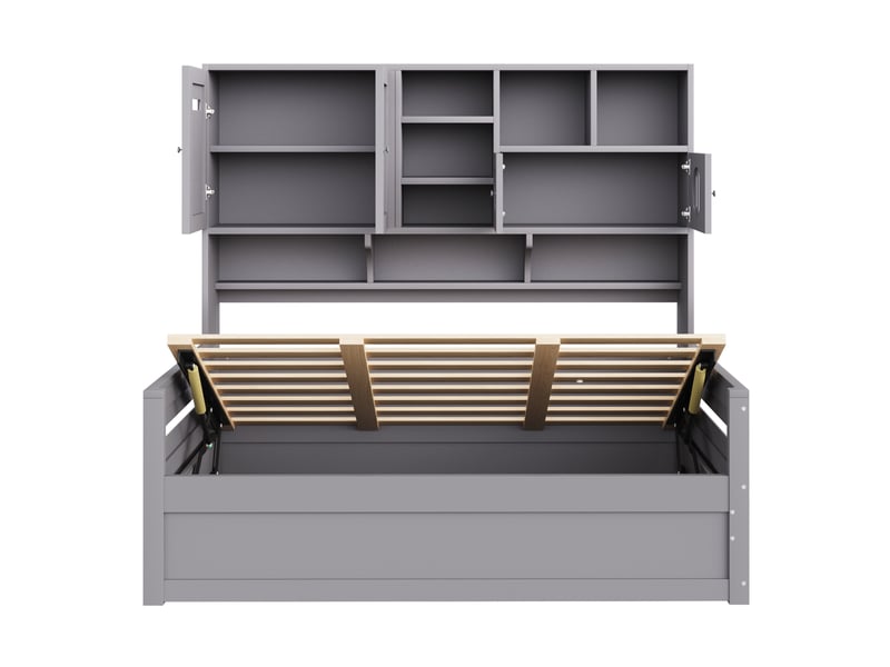 Lit banquette hydraulique avec rangement multifonction, bois gris, 90x200 cm, sommier intégré - Conforama E
