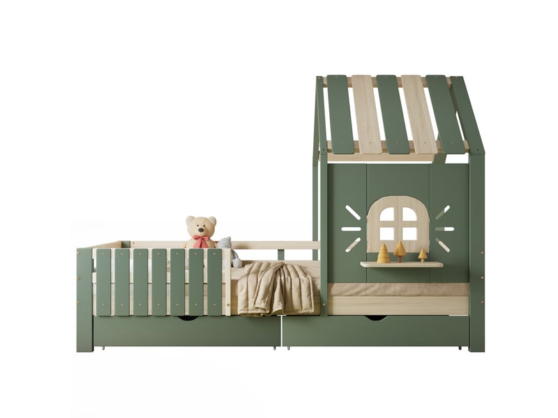 Lit enfant cabane 90 x 200 cm avec toit, fenêtre, 2 tiroirs, vert et naturel - Conforama A