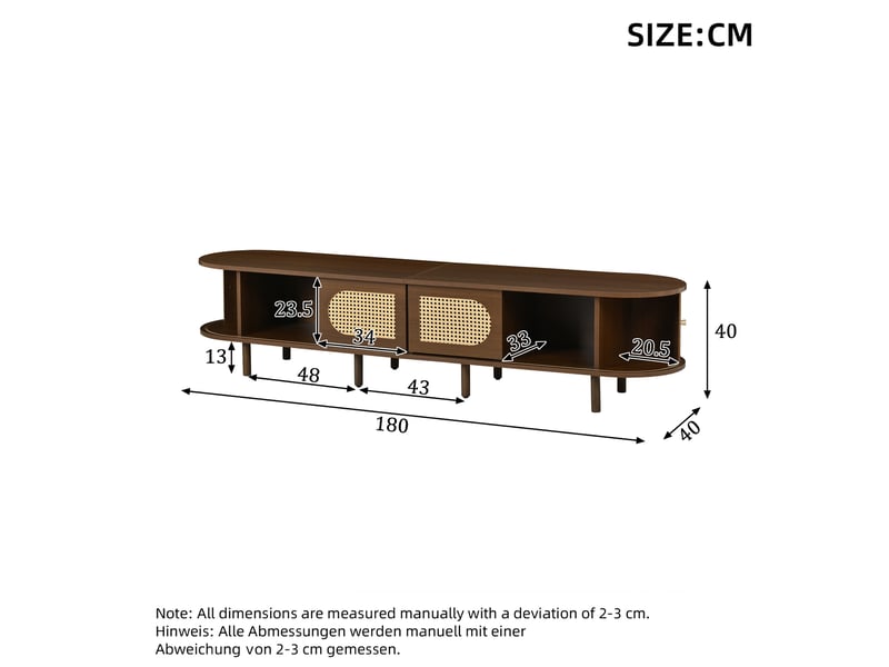  Meuble tv 180 x 40 x 40 cm – chêne foncé – style rotin, rangements fermés et support jusqu'à 80 pouces  - Conforama C