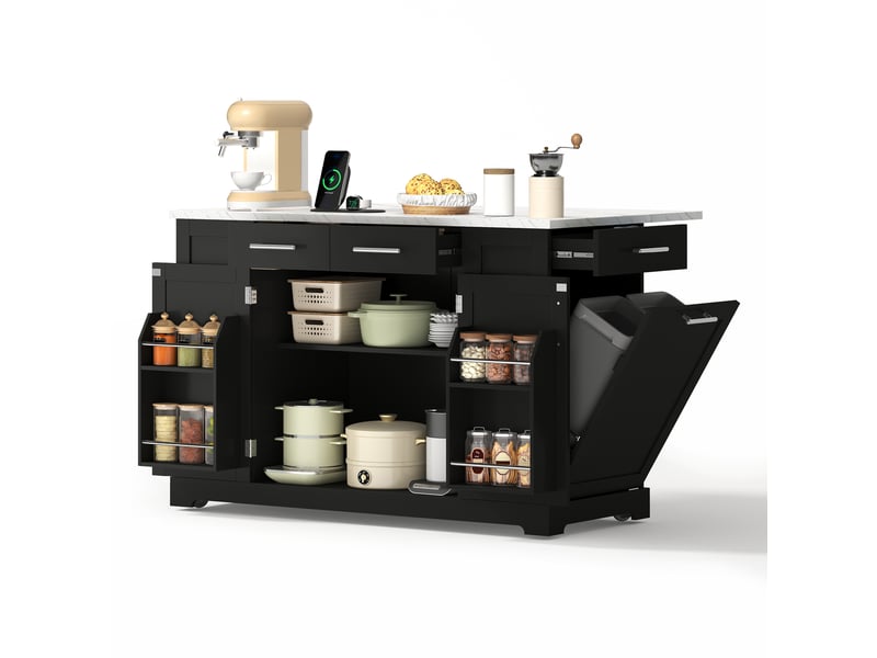 Îlot de cuisine noir 138 cm avec plan de travail effet marbre, plateau rabattable et prises électriques intégrées - Conforama A