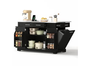 Îlot de cuisine noir 138 cm avec plan de travail effet marbre, plateau rabattable et prises électriques intégrées