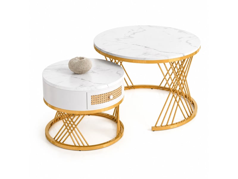  Lot de 2 tables basses rondes gigognes avec tiroir en mdf blanc et métal doré  - Conforama A