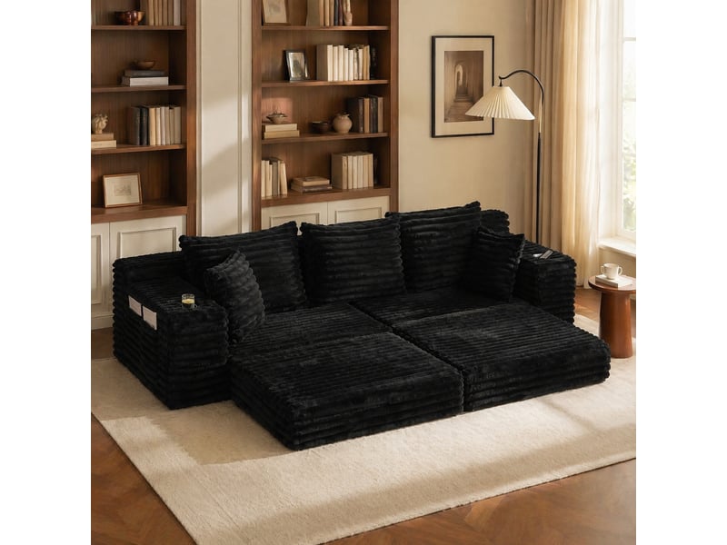  Canapé convertible 4 places en velours côtelé noir 273 x 98 x 87 cm  - Conforama B