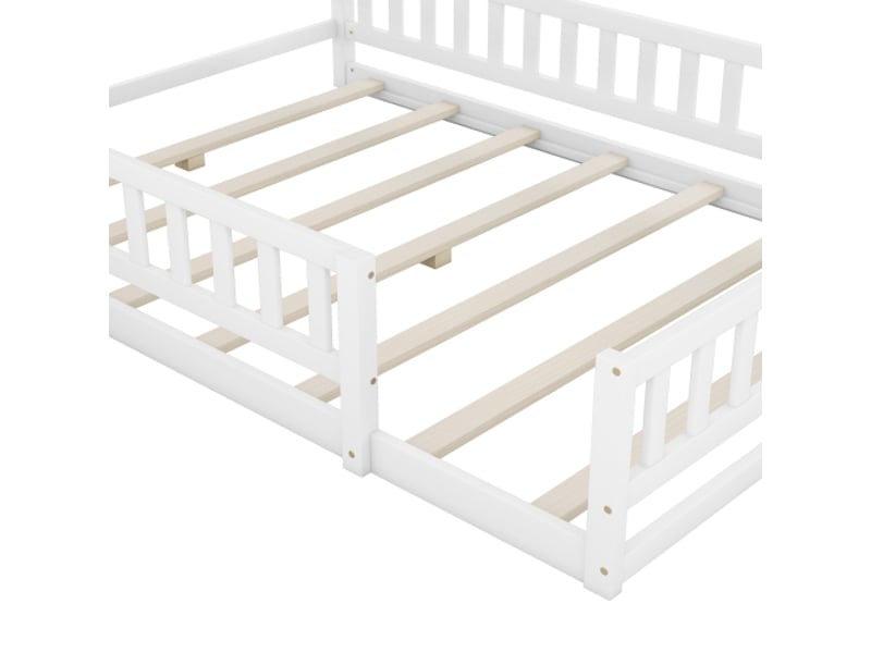  Lit enfant 140x200 cm, avec tête de lit maison et table de chevet, en bois, blanc, sans matelas  - Conforama E