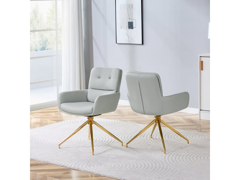 Lot de 2 chaises de salle à manger pivotantes 360° - dossier capitonné, pu et métal doré - gris clair - Conforama C
