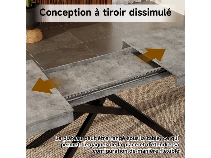  Table à manger extensible grise 140180 x 80 cm en mdf, 6 à 8 places, rectangulaire, pieds métal, pour salle à manger  - Conforama C