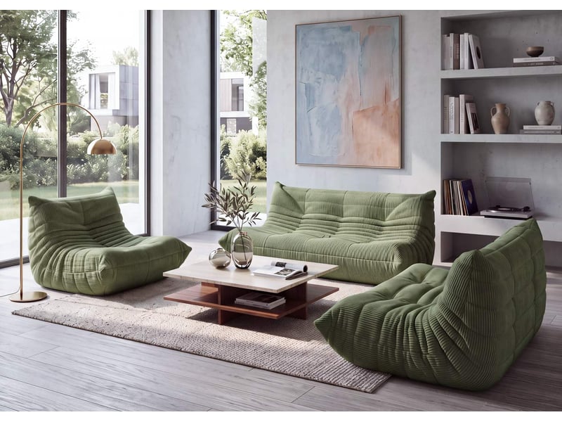 Ensemble de canapés hwc-r34, ensemble de canapés rembourrés, canapés lounge 3 places, 2 places, fauteuil, tissu en velours côtelé (300 gm²) - vert - Conforama B