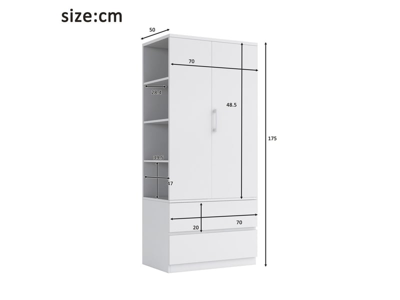  Armoire multifonction avec penderie, grand tiroir 2 niveaux, étagères ouvertes, 1 porte, 70x50x175cm, blanc  - Conforama C