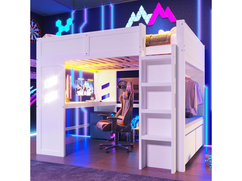  Lit mezzanine gaming 140x200cm avec bureau, led, usb et type-c, échelle, tiroir, sans matelas, blanc, structure pin  - Conforama C