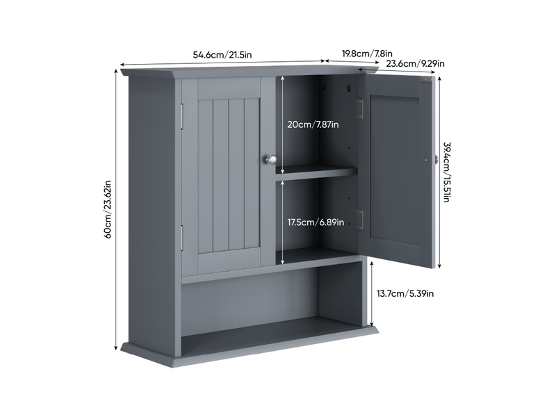  Armoire murale salle de bains avec 2 portes, étagères réglables, mdf gris, 54,6 × 19,8 × 60 cm  - Conforama C