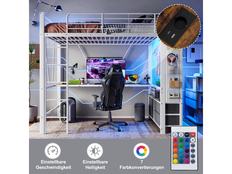  Lit mezzanine 90 x 200cm, structure métal, bureau, 4 tiroirs, étagères, led, usb type-c, sans matelas, blanc  - Conforama D