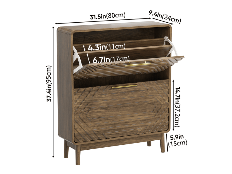  Meuble à chaussures noyer 80 cm, style mid-century, 2 tiroirs basculants avec rangement entrée  - Conforama C
