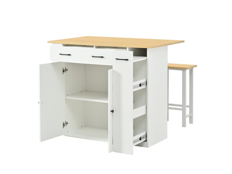 Îlot de cuisine avec deux chaises et plan de travail extensible, prises électriques intégrées, couleur blanche - Conforama A