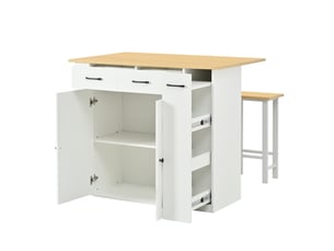 Îlot de cuisine avec deux chaises et plan de travail extensible, prises électriques intégrées, couleur blanche