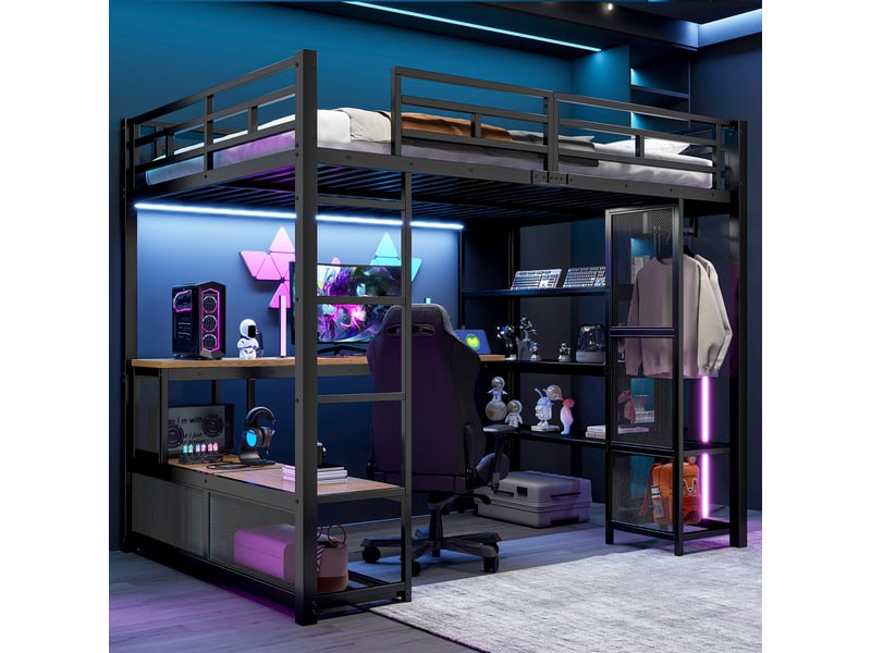  Lit mezzanine 140x200 cm coloris noir led métal lit enfant noir - Conforama D