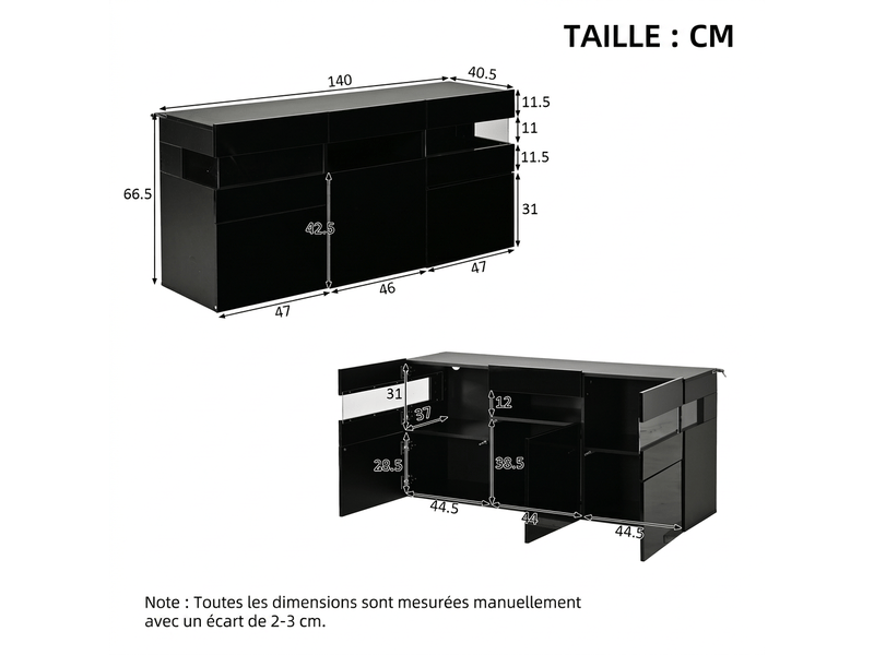  Buffet noir brillant 140 cm meuble salon avec led 3 portes acrylique  - Conforama C