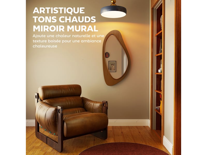  Miroir mural asymétrique 91,5 x 45 cm, miroir suspendu moderne, cadre en bois, effet bois naturel  - Conforama D