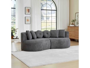 Canapé modulable 2 places en chenille anthracite sans accoudoirs, forme haricot avec dossier continu et 6 coussins inclus
